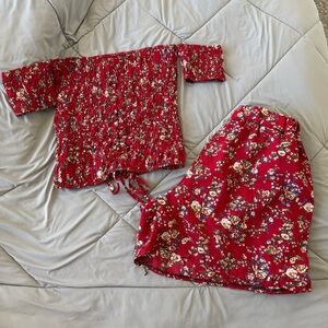 Red Floral Two-Piece Set (Off-the-Shoulder Top + Shorts)